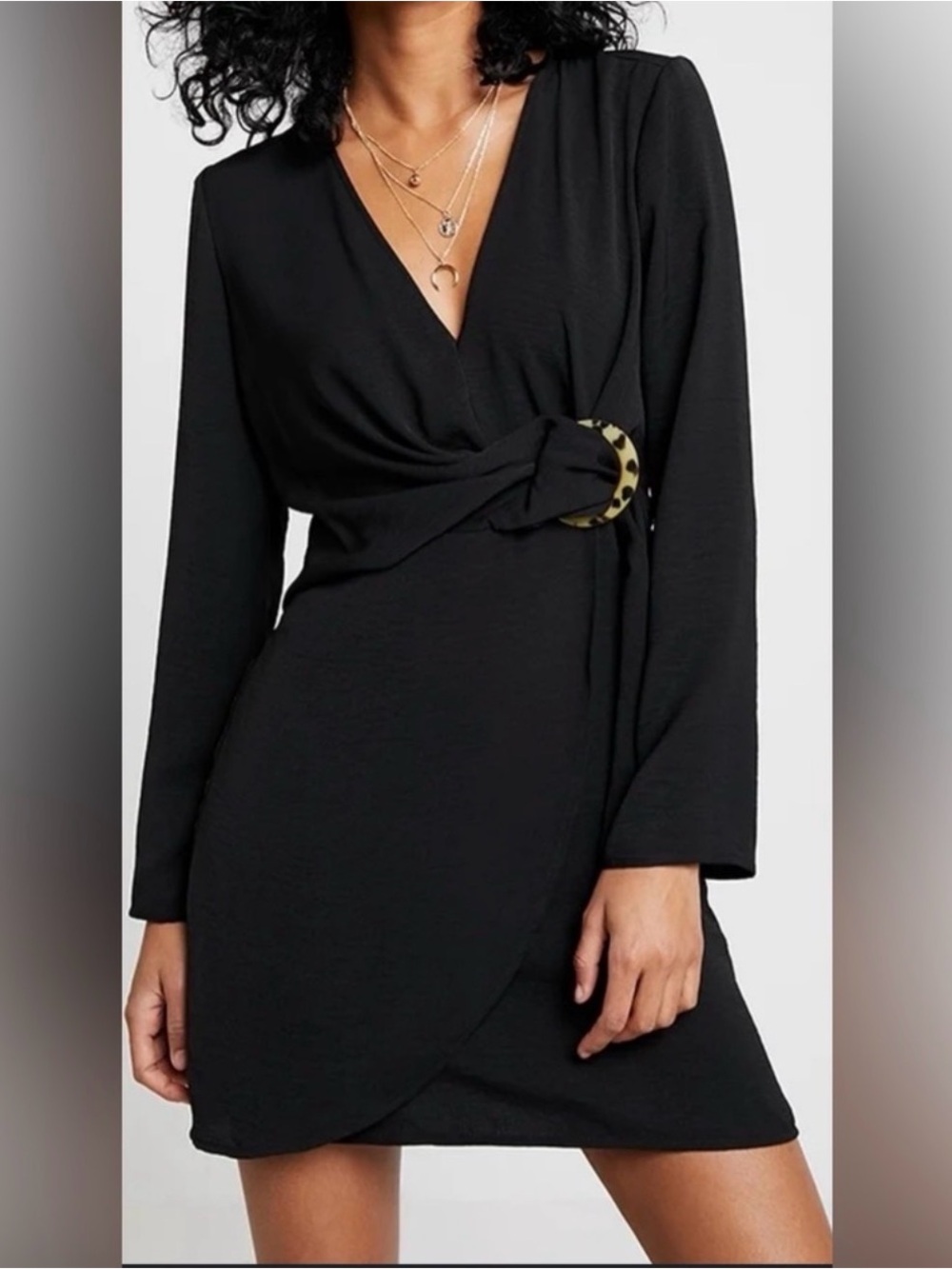 Topshop Black Faux Wrap Long Sleeve Lightweight Mini Dress w/Buckle Size 8